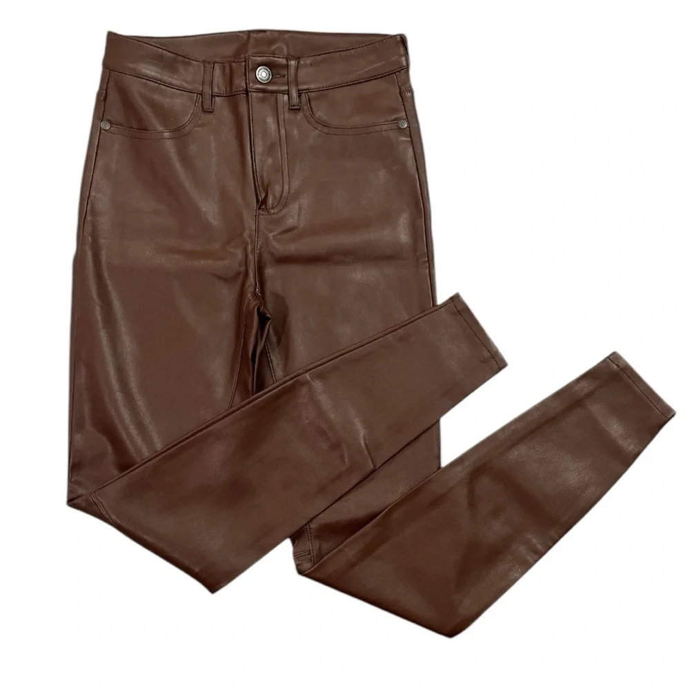 Free People Faux Leather Casual Skinny Trouser Pants size 26 in Brown